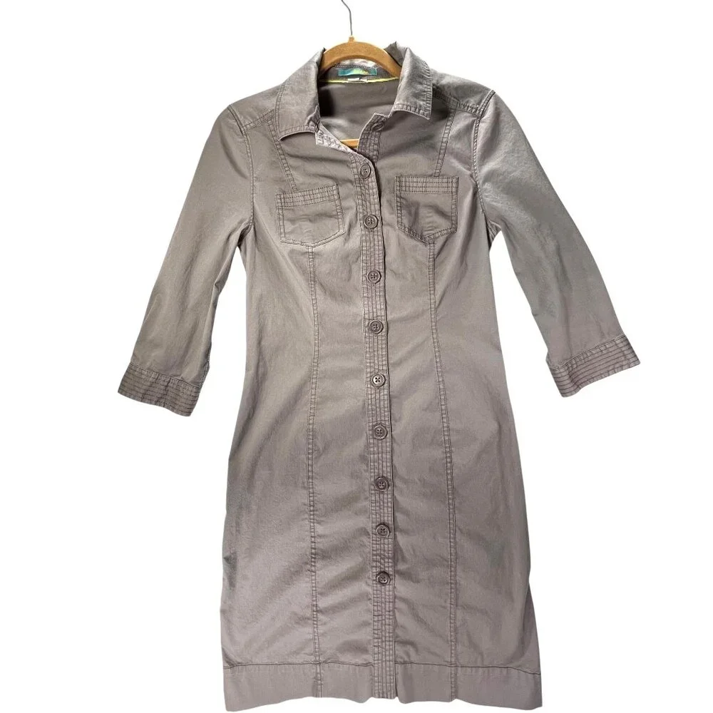 Boden Button Down Shirtdress Womens 3/4 Sleeve Size 4L Brown Putty Gray - Picture 2 of 14
